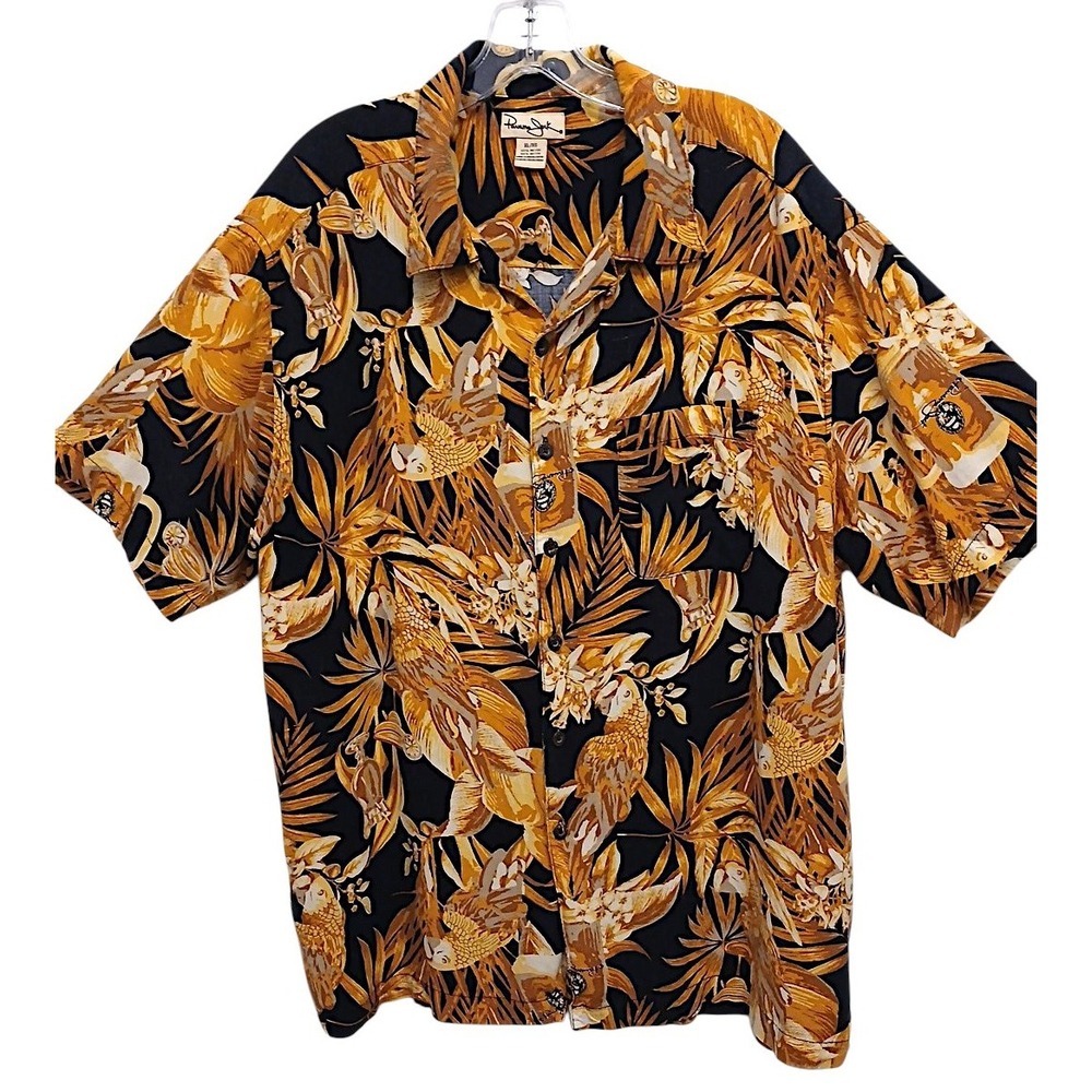 Y2K Panama Jack Dinner Shirt XL Gold Black Beer Drink Parrot Tropical Party Vntg